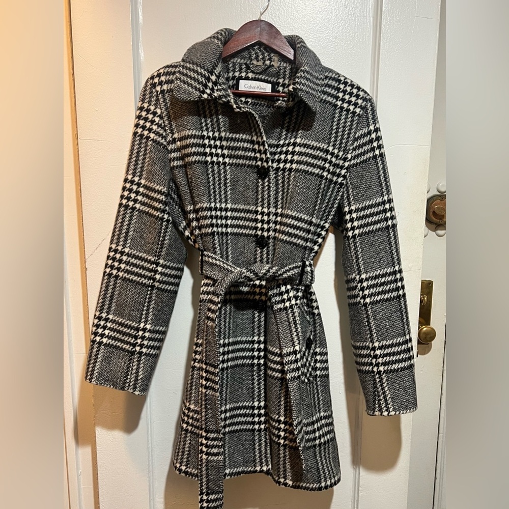 Calvin Klein Checkered Houndstooth Wool Trench
